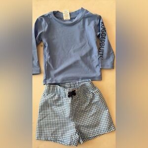 Rugged Butts Rash Guard Top and Blue Gingham Swim Shorts Set